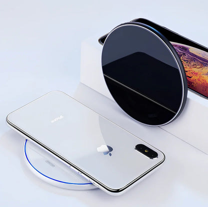 Black 15W wireless charger pad with Micro USB cable for fast phone charging