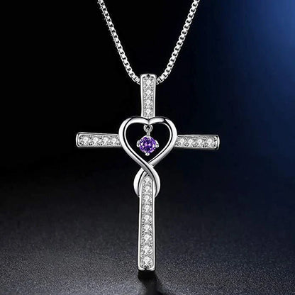 Christian Cross Birthstone Pendant Necklace with Zircon Heart in gold-plated finish
