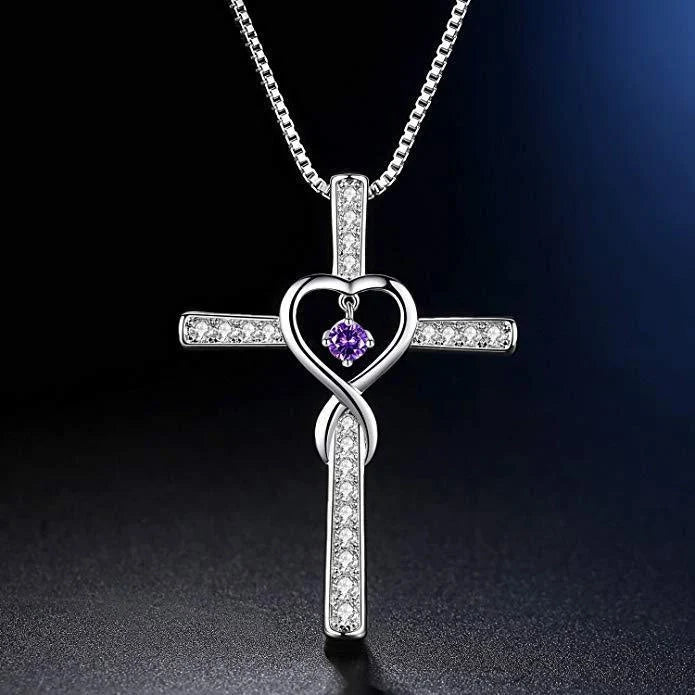 Christian Cross Birthstone Pendant Necklace with Zircon Heart in gold-plated finish