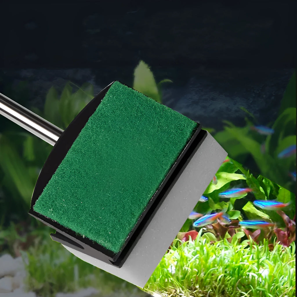 Fish tank cleaning brush with double-sided sponge and long stainless steel handle on a white background