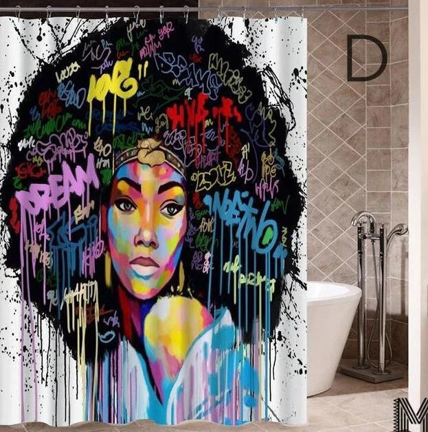 Colorful African girl portrait with graffiti art and modern buildings on a shower curtain