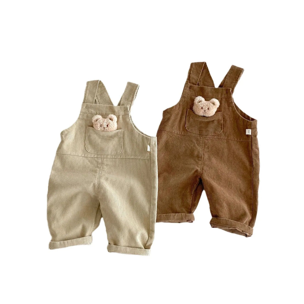 Boys' bear-style corduroy suspender overalls in apricot, solid colour, suitable for 73-100cm height