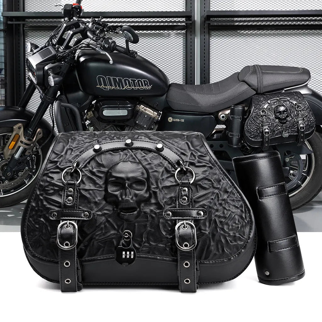 Pair of black PU synthetic leather motorcycle side luggage bags with universal mounting for modified bikes