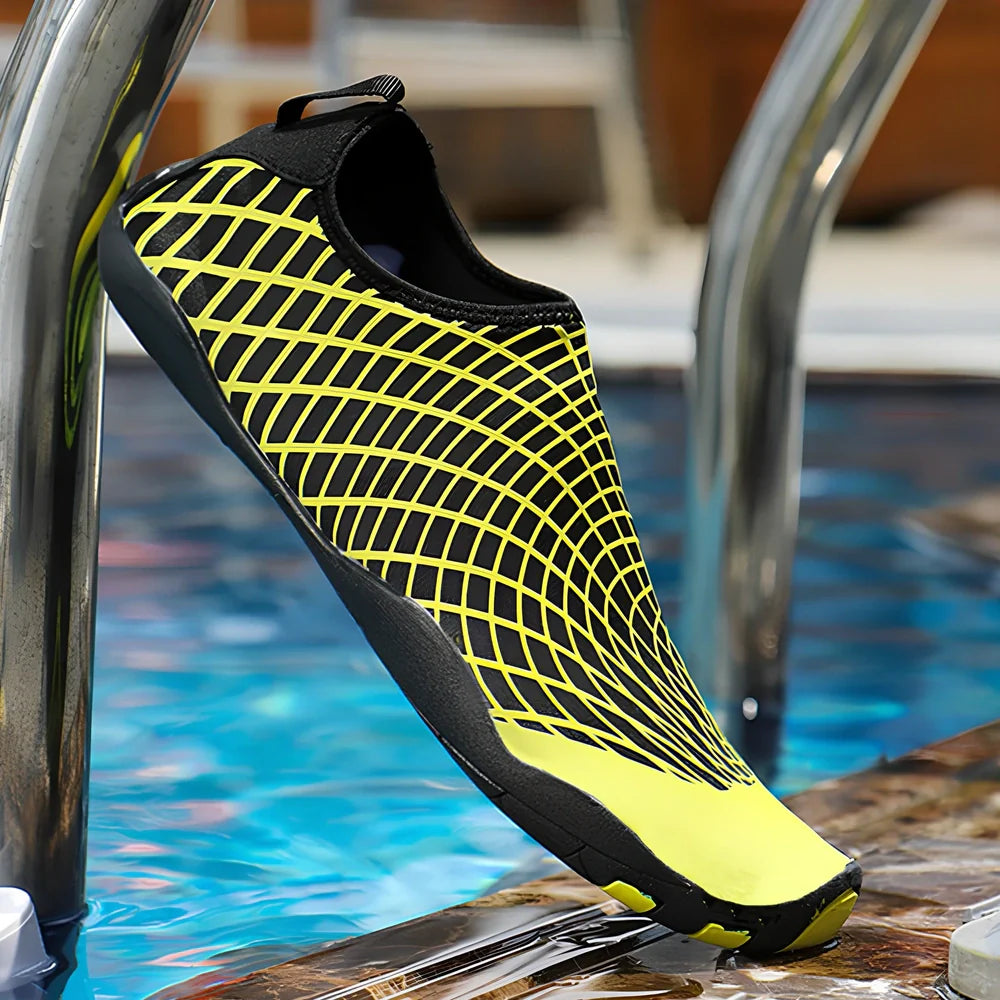 Children's black and yellow snorkeling socks with rubber soles and mesh uppers for river and water protection, UK sizes 5-12