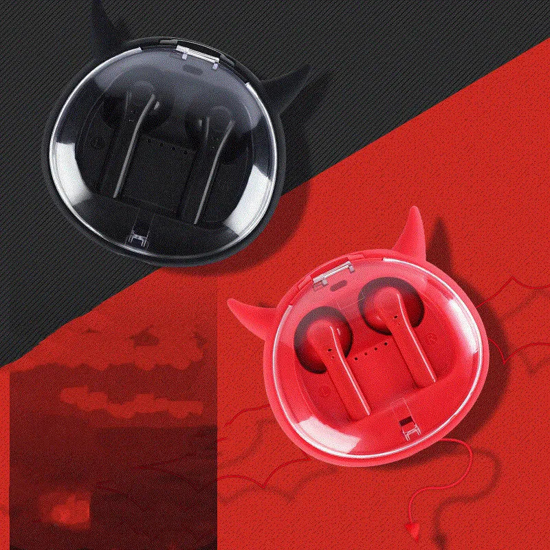 Red true wireless Bluetooth headset with in-ear design showing dimensions 72x67x31.5mm