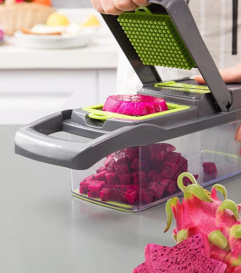 Versatile vegetable slicer with interchangeable blades for slicing, dicing, and shredding a variety of fruits and vegetables