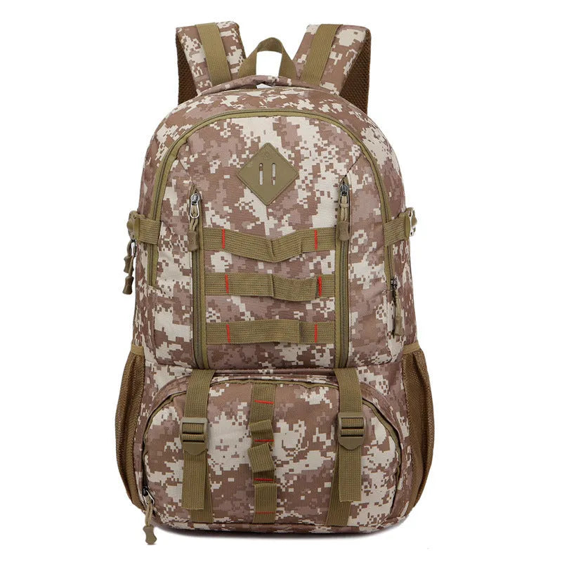 50L camouflage outdoor mountaineering backpack with Oxford cloth construction on rocky terrain