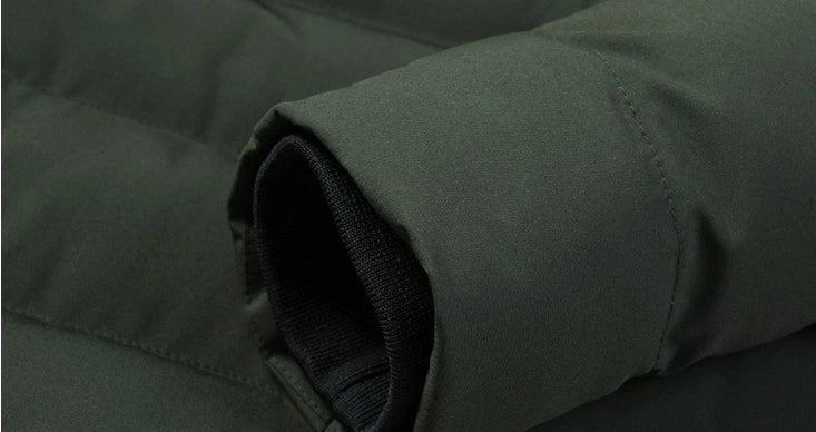 USB-powered heated down jacket in army green, black, and grey colors with various size options