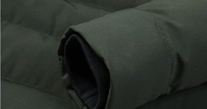 USB-powered heated down jacket in army green, black, and grey colors with various size options