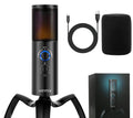 Black Q18 directional condenser microphone with RGB lighting on adjustable tripod stand