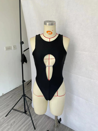 Black solid colour one-piece swimsuit for women with polyester fabric construction