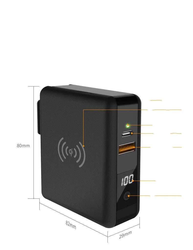 Black Super QI wireless power bank with integrated international plug adapters showing PD20W fast charging port.