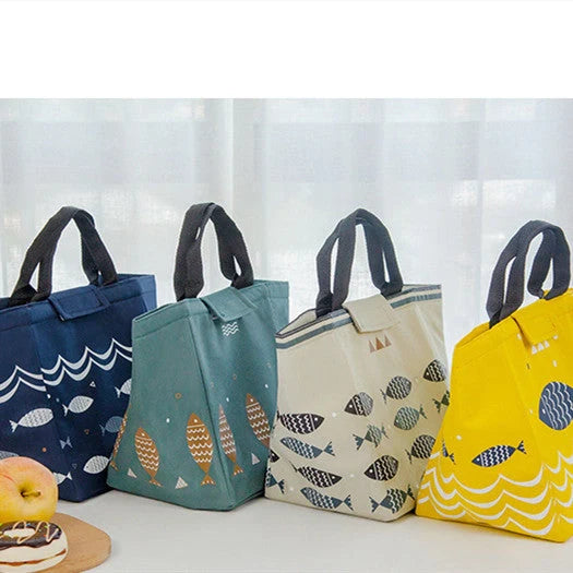 Insulated picnic mini handbag in yellow, light grey, dark grey, and navy blue with cartoon design