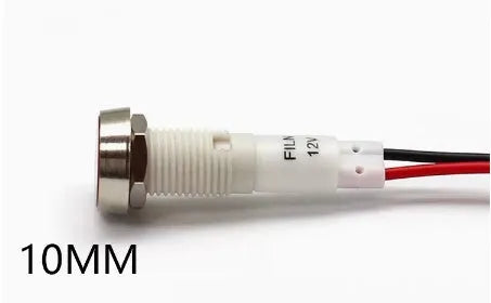 10mm stainless steel edge plastic indicator light with wire, available in white, yellow, red, green, blue colours