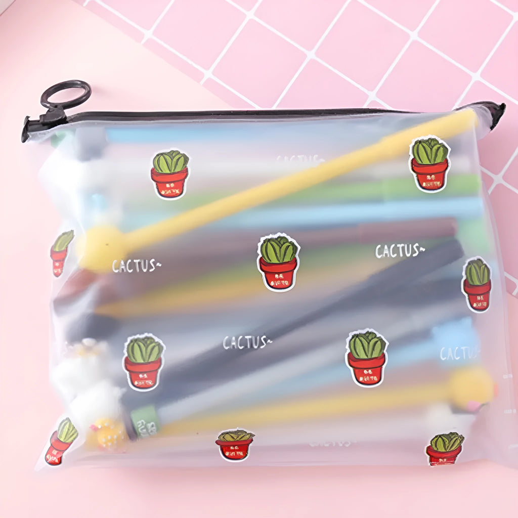 Twenty colourful cartoon cactus pens with Marvel designs in plastic storage case