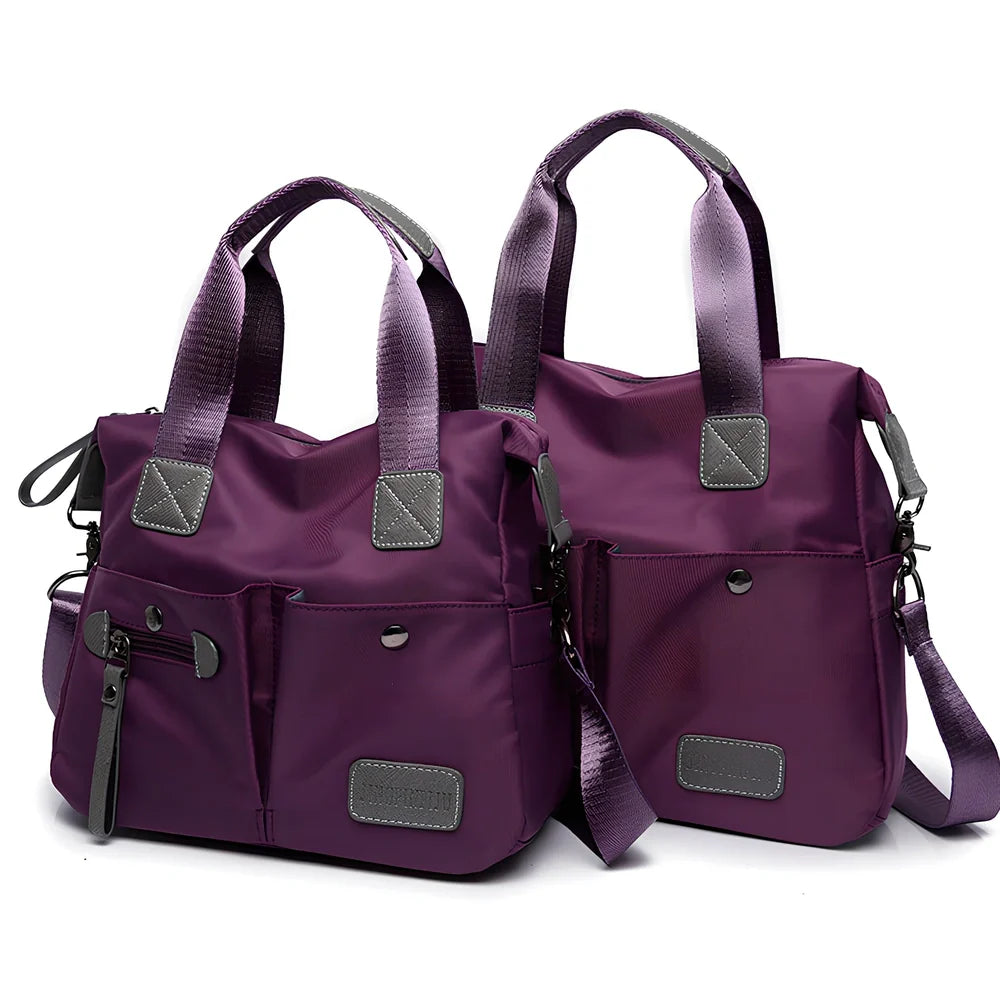 Ladies shoulder bag in black Oxford fabric, size M with multiple pockets and adjustable straps for handbag or crossbody carry, 340 mm width