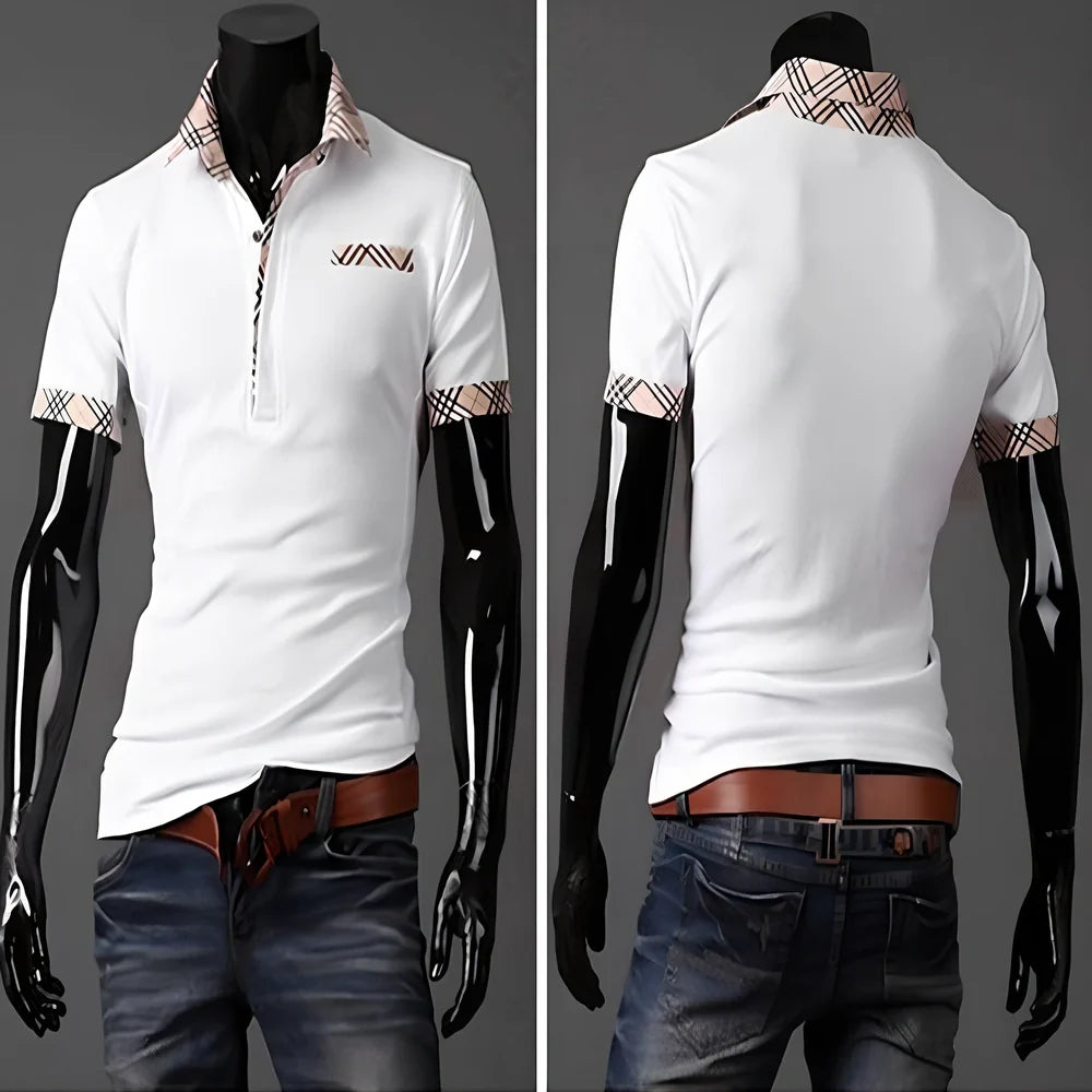 Breathable plaid Summer Polo T-shirt in black, navy or white, short sleeves 20-23cm, sizes M-XXL for hot weather comfort