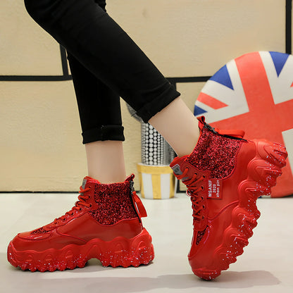 Women's platform sneakers with decorative sequins and 3-5cm heel in black, red, or silver