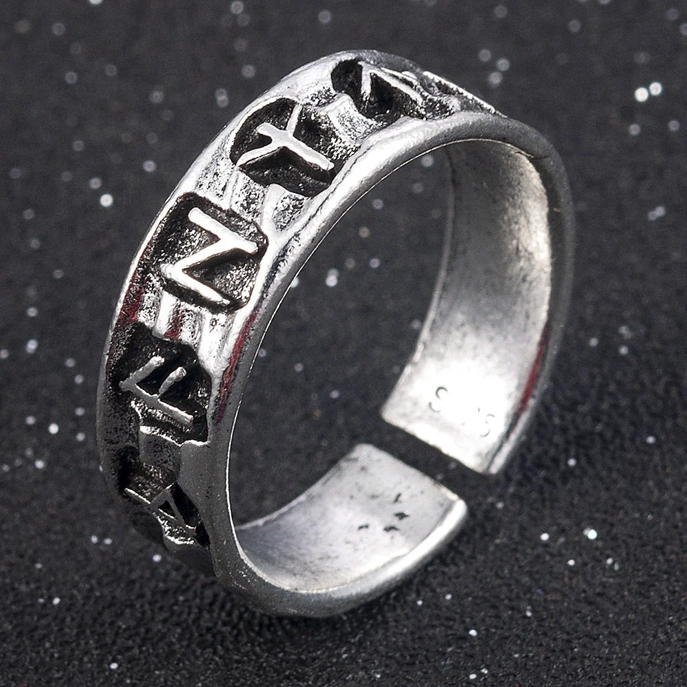 Adjustable geometric symbol ring in ancient silver finish, vintage style unisex accessory