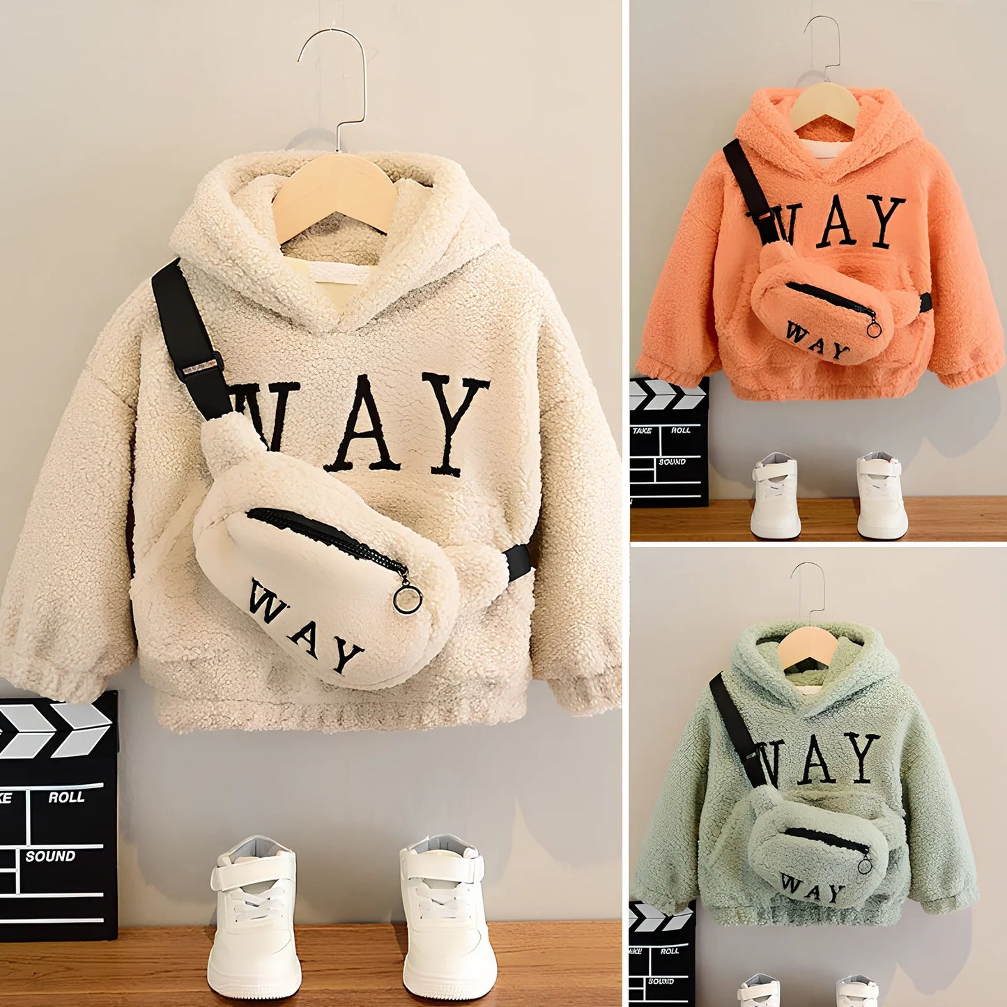 Children's cashmere fleece jacket with detachable cartoon hat in beige, green, or orange