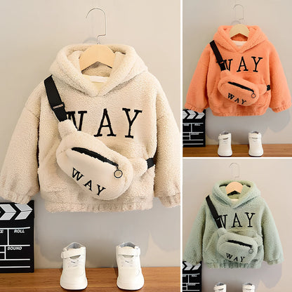 Children's cashmere fleece jacket with detachable cartoon hat in beige, green, or orange