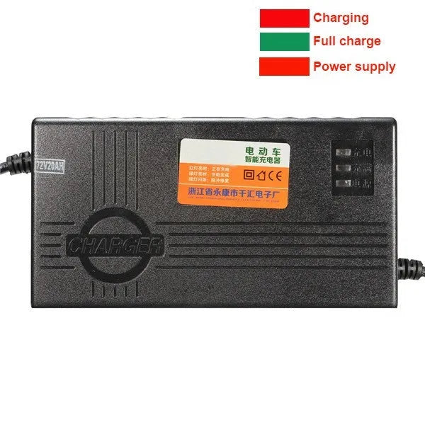 Black 72V20AH electric vehicle battery charger with choice of AU, EU, or US plug styles