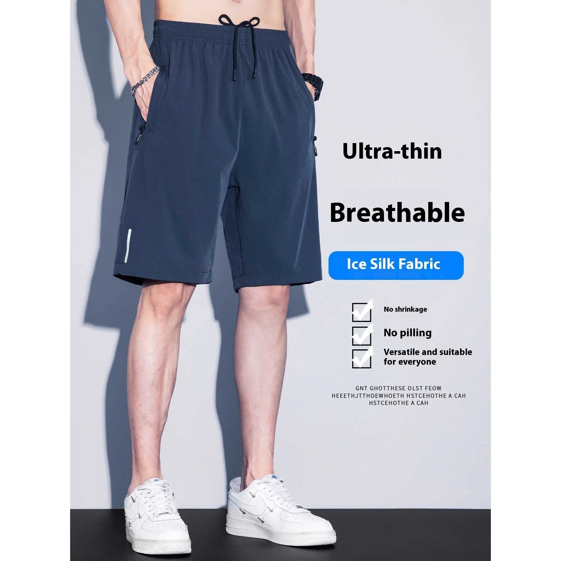 Men's quick-dry ice silk polyester running shorts, lightweight straight-leg fitness shorts in black, dark blue, and light gray