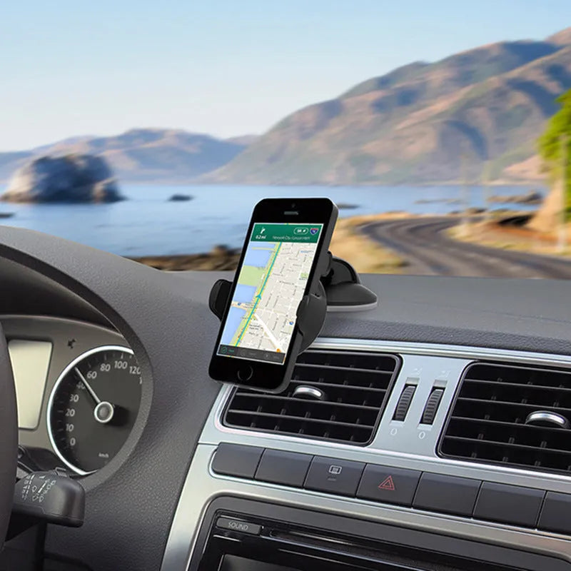 Universal suction cup car phone holder with adjustable clamp for smartphones 5cm-8cm wide, available in black and blue