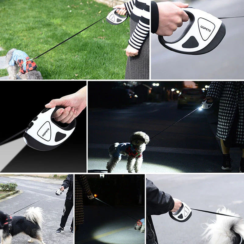 Automatic retractable dog leash with LED light for night safety