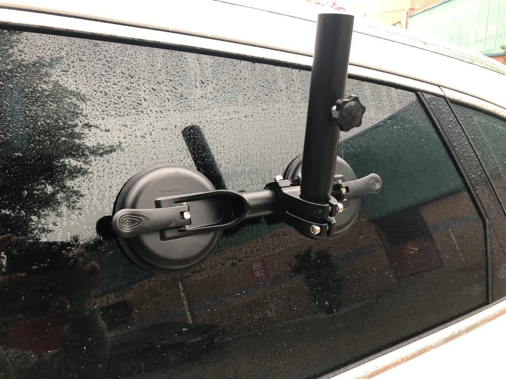 Black ABS plastic and rubber car window sucker base for mounting flagpoles to vehicle glass