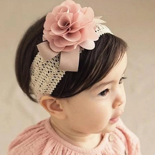 Baby lace headband with floral design in pink, grey, and rose red