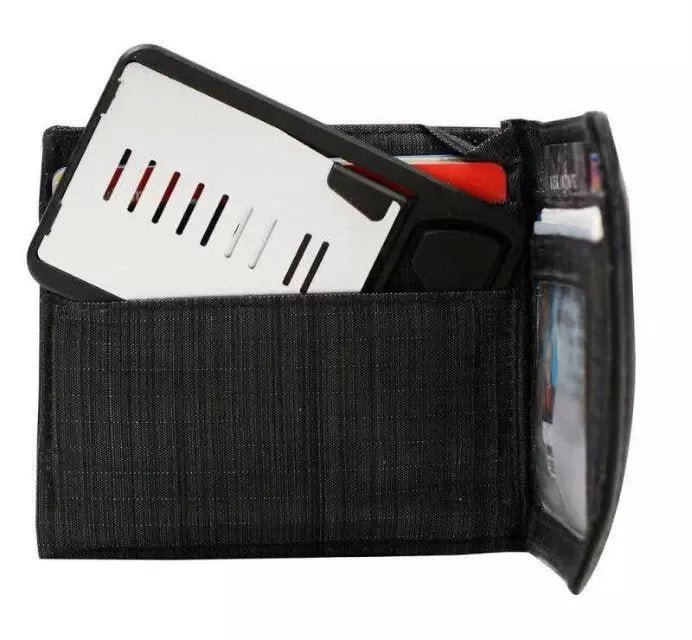 Black card phone holder with lazy bracket design for desktop phone viewing and card storage