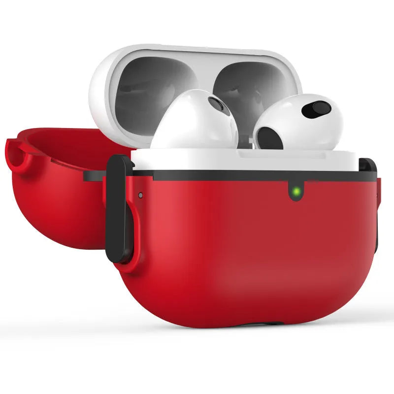 Frosted silicone PC hard case for AirPods with automatic bounce cover in red, white, and black colours