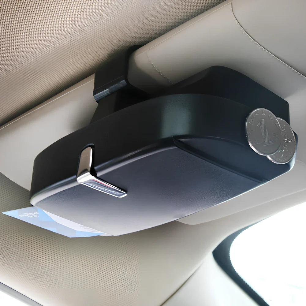 Beige car visor glasses clip, 170mm silver coated steel with electrostatic film, secures sunglasses on sun visor