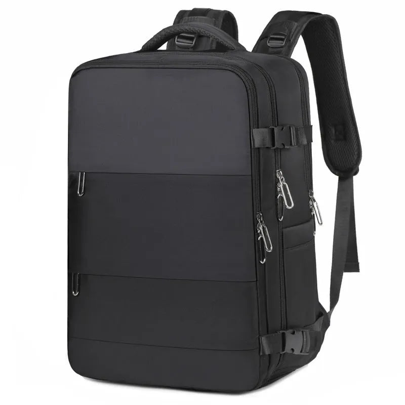 Women's large capacity travel backpack in purple with multiple compartments and air pillow belt