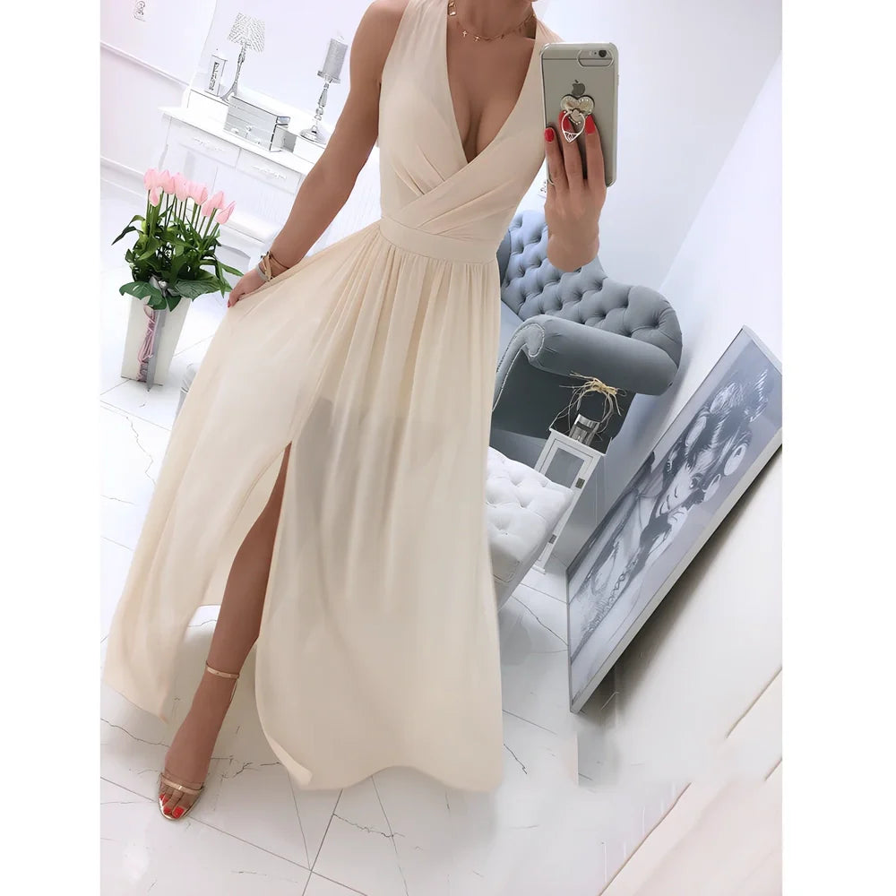 Women's apricot sleeveless V-neck maxi dress with high waist and 15-20 cm front split, polyester fabric, size M shown