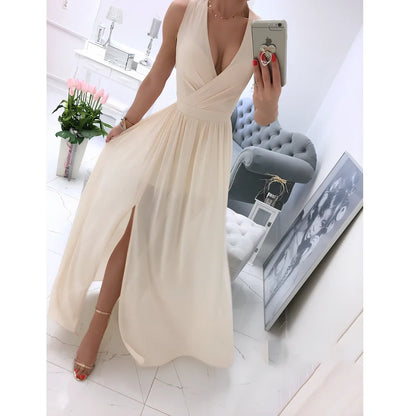 Women's apricot sleeveless V-neck maxi dress with high waist and 15-20 cm front split, polyester fabric, size M shown