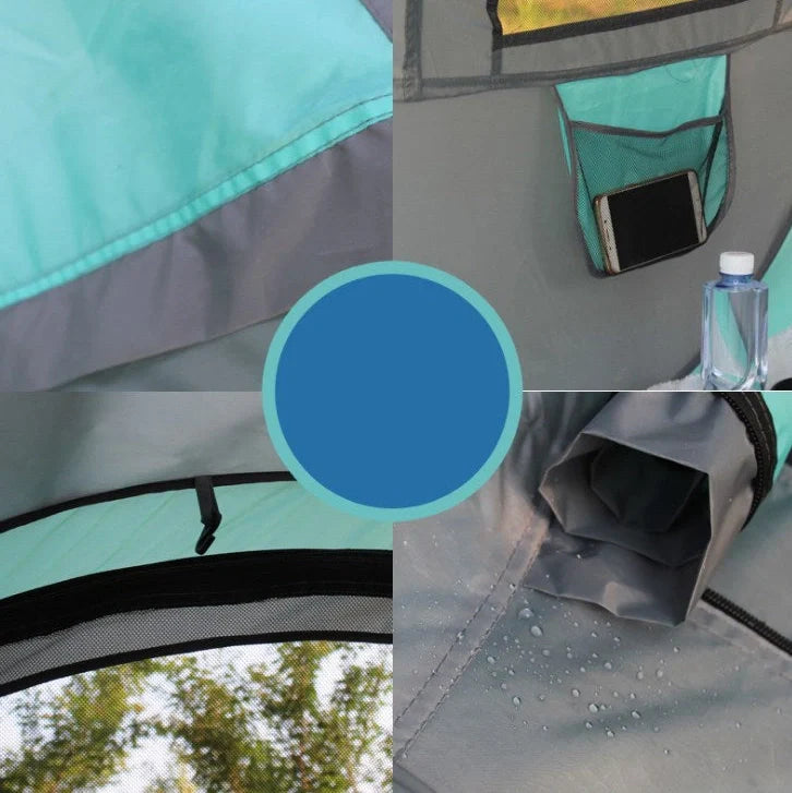 Automatic pop-up camping tent with 245x150x105cm interior space featuring 190T polyester silk fabric and fibre glass poles for quick 3-second setup in outdoor conditions