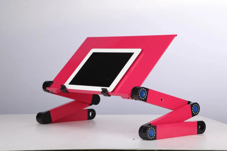 Adjustable folding laptop stand with ergonomic design and mouse pad in cool black and rose red