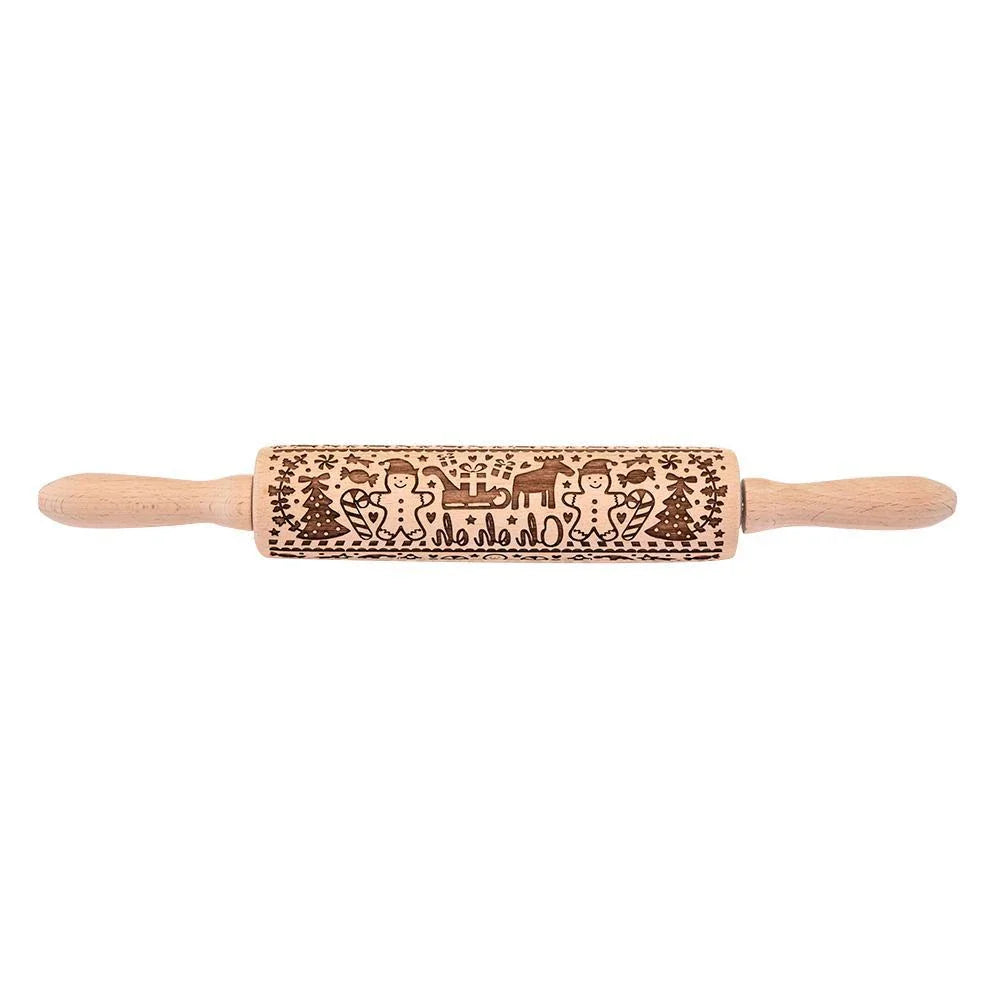 Christmas Snowflake Rolling Pin with detailed engraving on natural hardwood