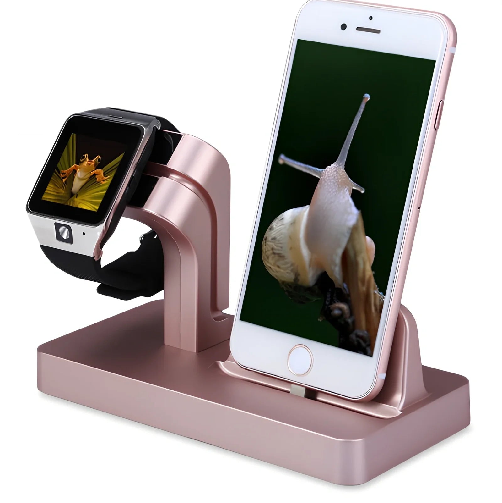 White 2-in-1 charging dock holding iPhone and Apple Watch, 150x78x106mm ABS stand with non-slip pads