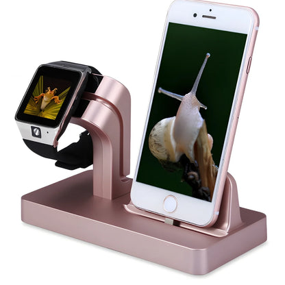 White 2-in-1 charging dock holding iPhone and Apple Watch, 150x78x106mm ABS stand with non-slip pads