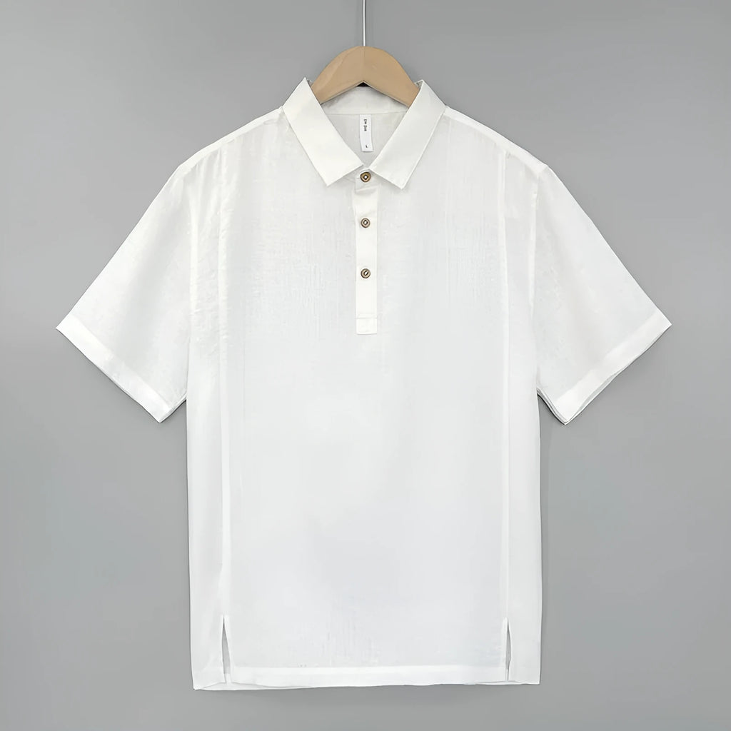 Men's light linen summer top with thin lapel collar and short sleeves in loose fit