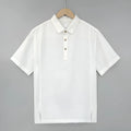 Men's light linen summer top with thin lapel collar and short sleeves in loose fit