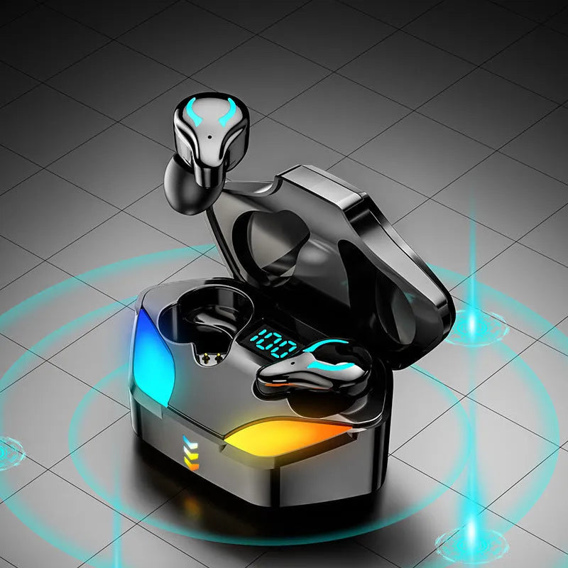 Black Bluetooth gaming headset with in-ear design for mobile gaming featuring zero-latency wireless audio