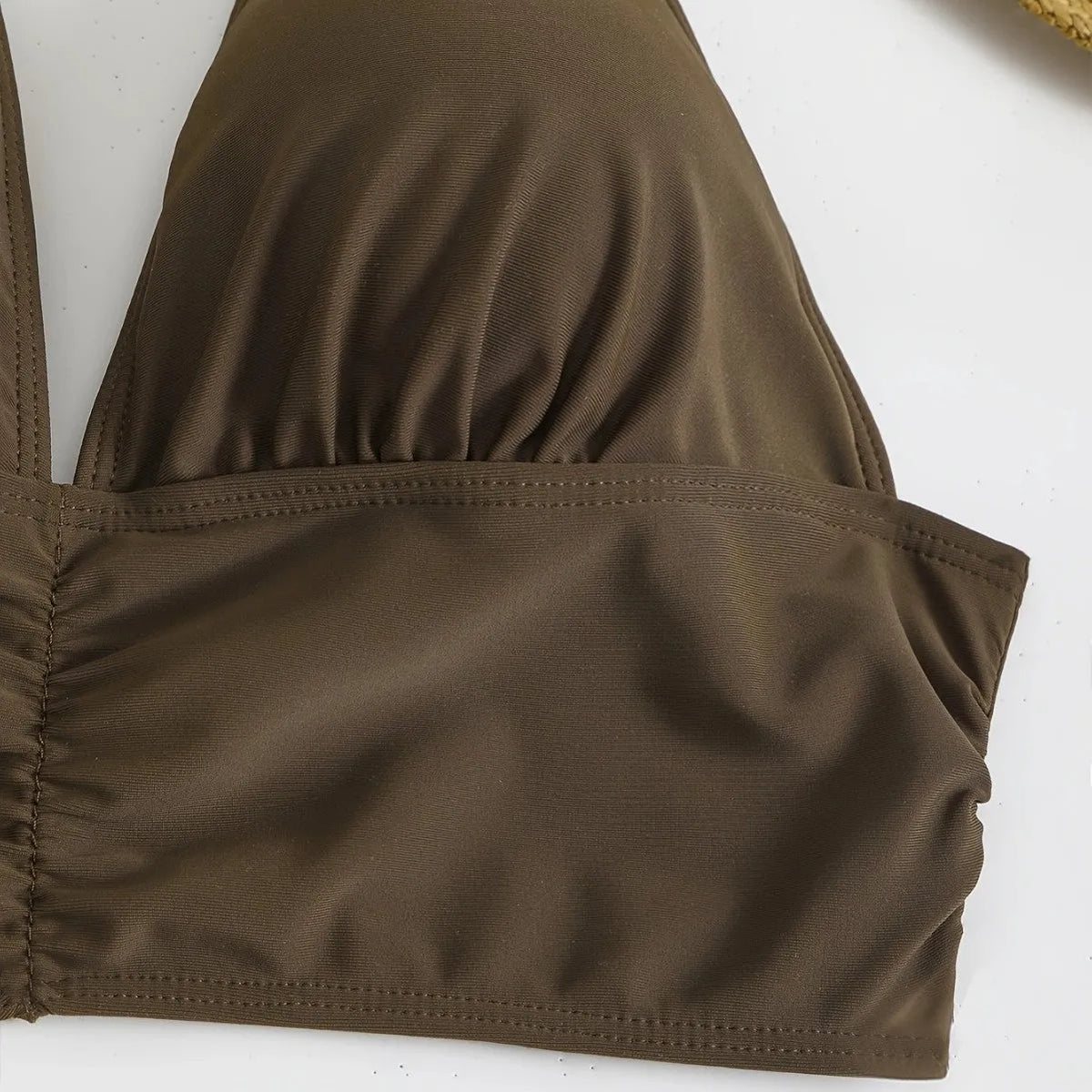 Women's brown polyester quick-dry bikini split swimsuit, sleeveless, available in sizes S M L