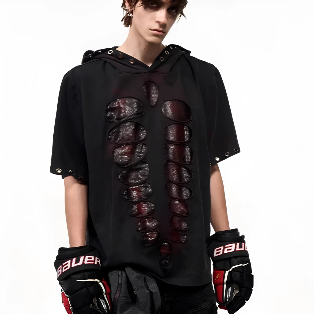 Black men's hooded short-sleeve T-shirt with sequin detailing in a loose fit.