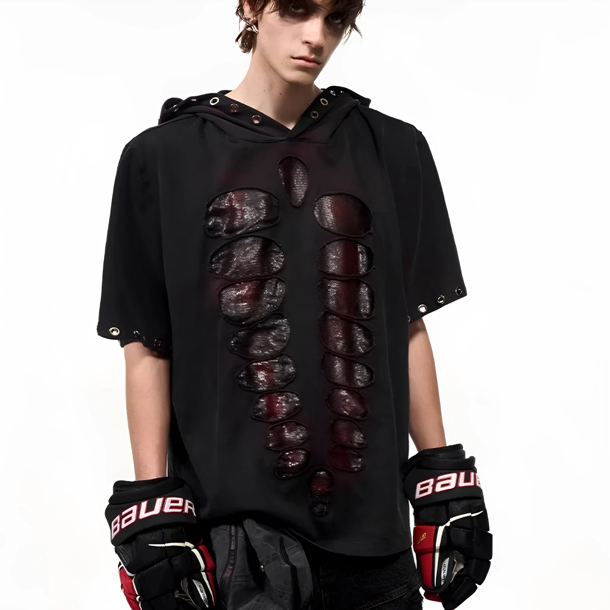 Black men's hooded short-sleeve T-shirt with sequin detailing in a loose fit.