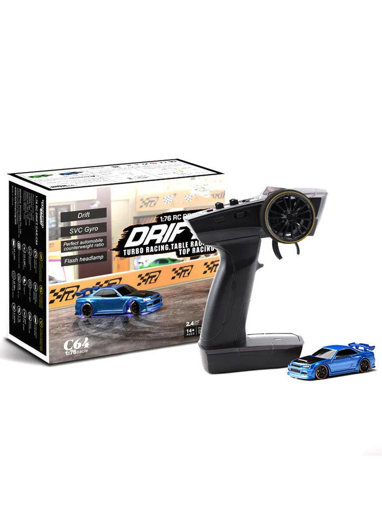 Turbo Racing C64 blue 1:76 scale drift RC car with P21-SVC radio remote control