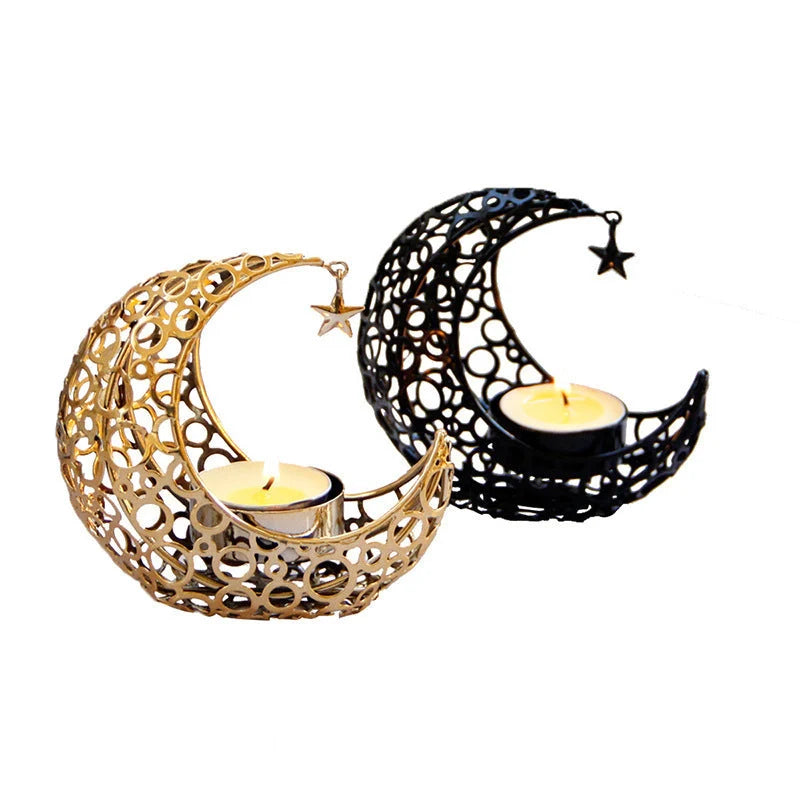 Crescent moon star metal candle holder in black or gold for elegant home decor